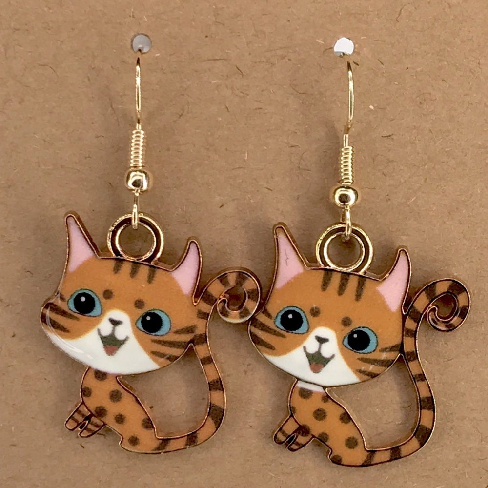 18k Gold Plated Hook Cat Dangle Earrings Fashion Jewelry - Picture 4 of 4